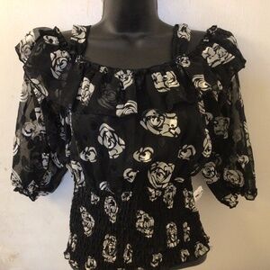 NWT Mystic Beautiful Black Sheer Floral Top M